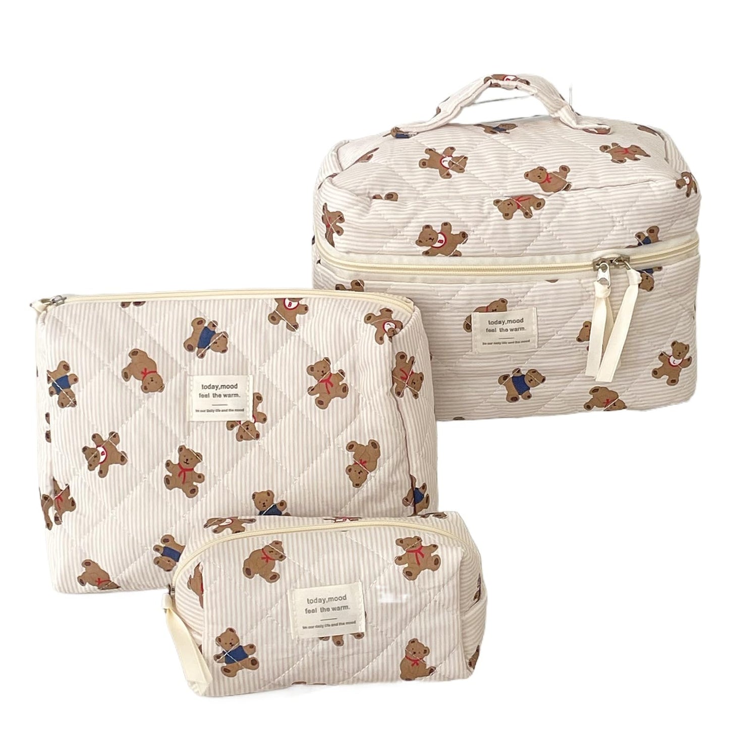 WASTROYAL Women Adorable Quilted Fabric Cosmetic Bag Set, 3-Piece Cartoon Bear Makeup Organizer with Zipper, Easy Travel Home Storage (Pink)