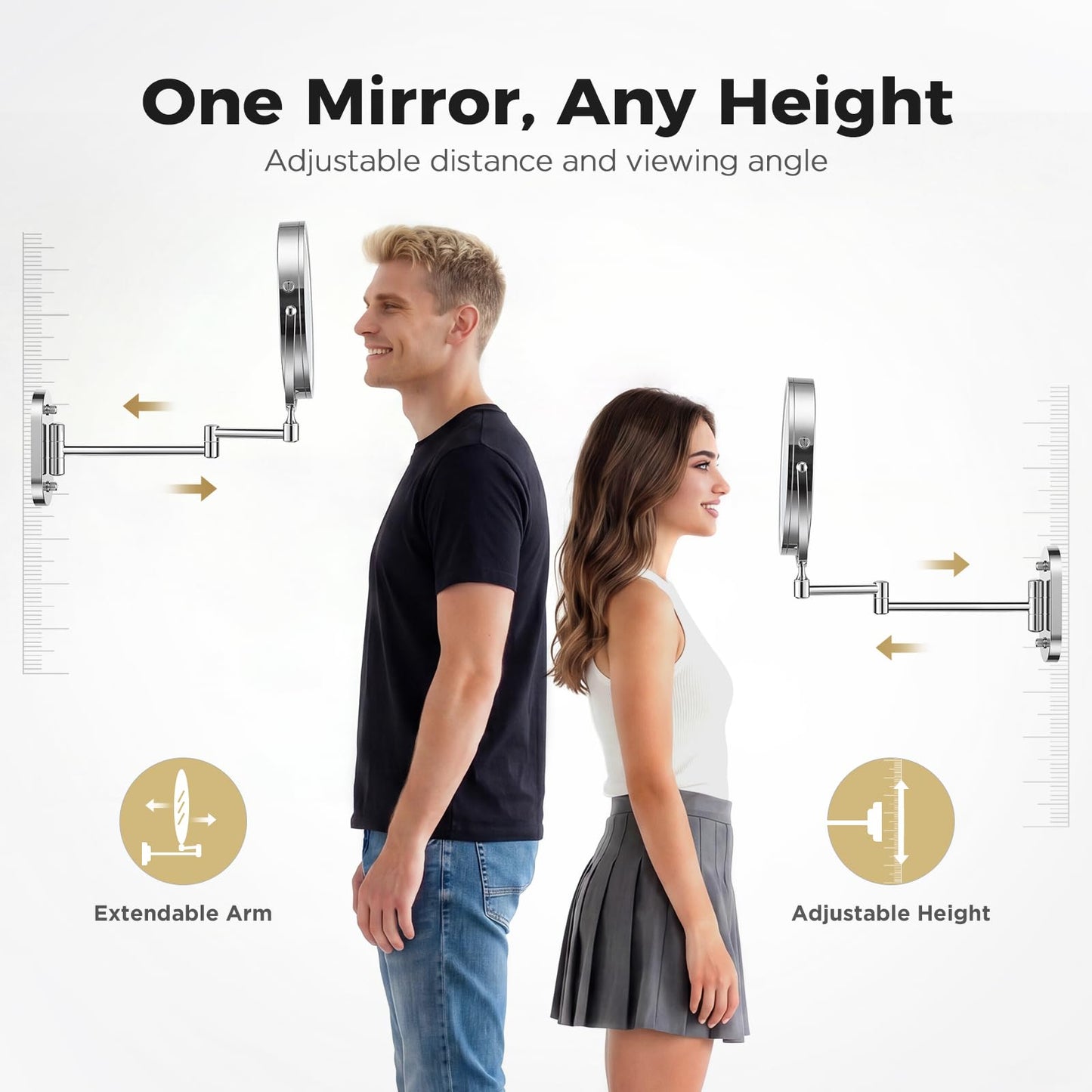 tubbede Wall Mounted Makeup Mirror with Light, 8 Inch 1X/30X Magnifying Mirror, Rechargeable 4000mAh, Double Sided, Extendable Arm, 360° Swivel Bathroom Mirror