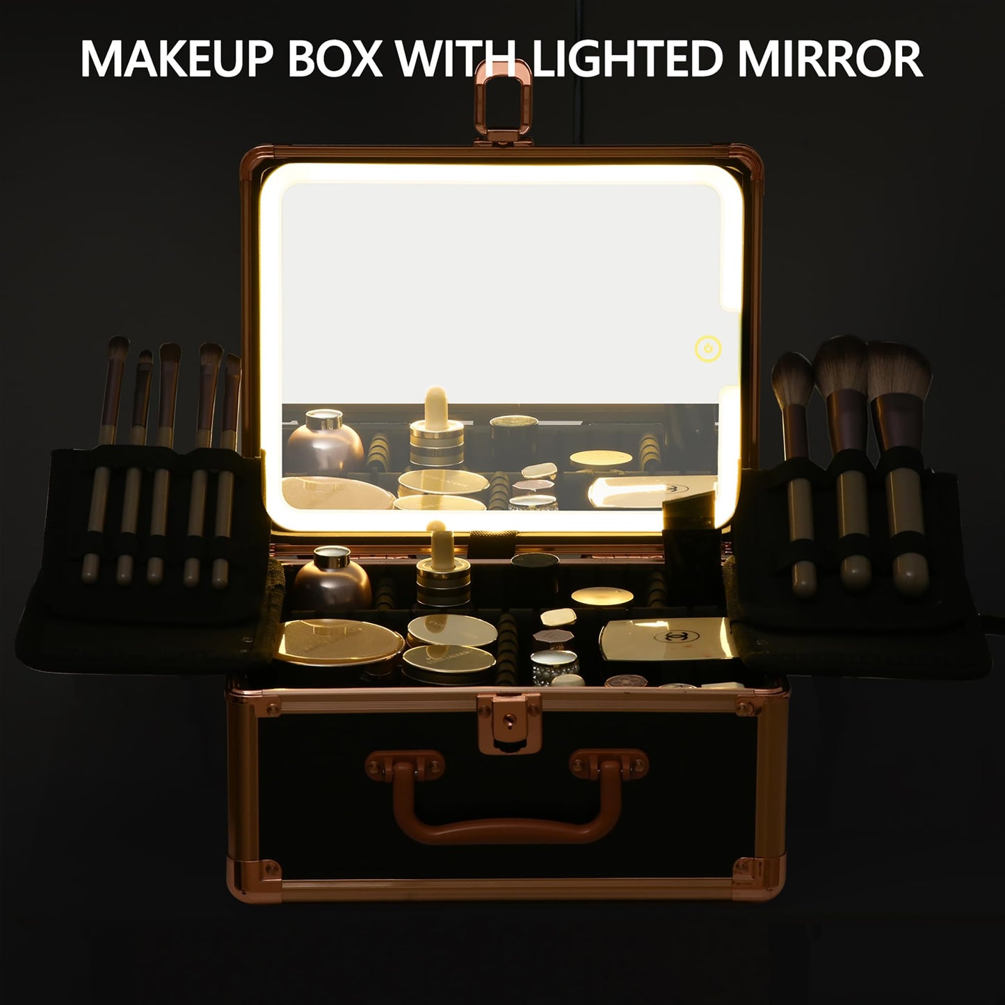 GALHUBIS Makeup Case with Lighted Mirror, Makeup Box Organizer with Detachable LED Mirror, Travel Makeup Train Case, Waterproof Cosmetic Organizer, Standing Makeup Brush Holder, Gift, Black Gold