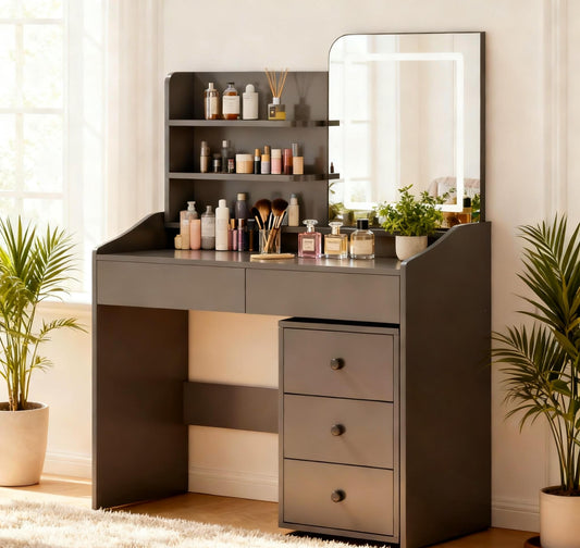 Oiroporz Vanity Desk with LED Mirror, Movable Cabinet, 5 Drawers & Open Shelves, 3-Color Adjustable Lighting for Bedroom