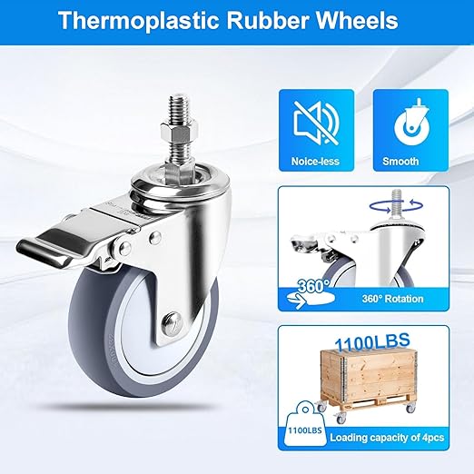 4 inch Stainless Steel Caster Wheels Heavy Duty, 3/8"-16x1 Threaded Stem Casters with Brake, Rust Resistant, Non-Marking Slient TPR Rubber Wheels for Hospital, Lab,Furniture,Restaurant