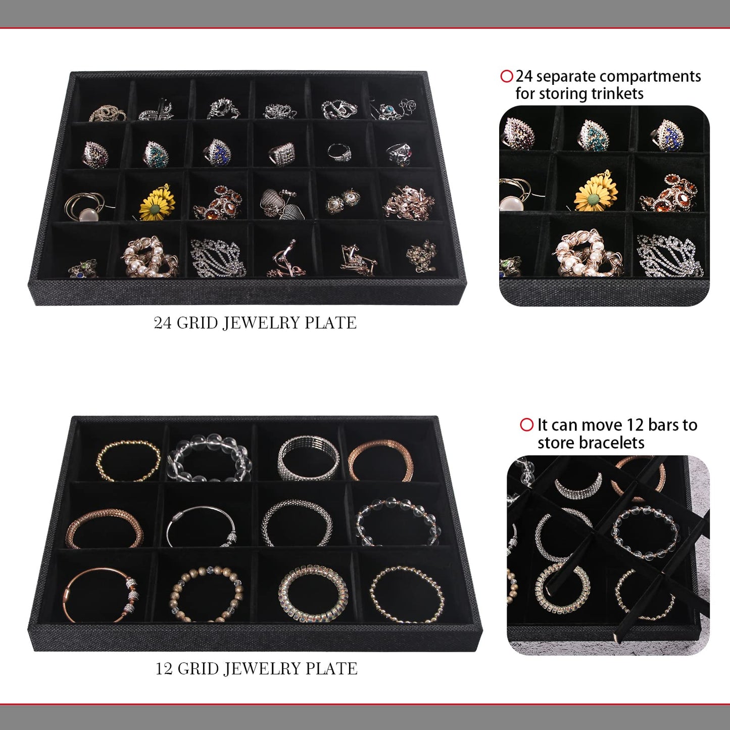Julysky 4 Pcs/set Stackable Jewelry Organizer Trays with Glass Lid,100 Slots Ring Holder,Bracelet Displays Stand for Selling Necklace Earring Rack
