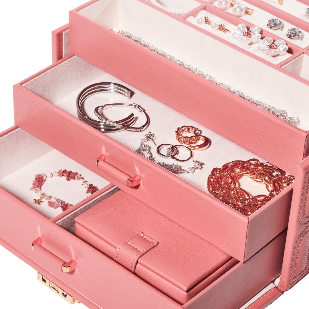 BILLSTONE Amour Large Rose Gold Jewelry Box, Jewelry Organizer and Storage with Multi Tray Compartments, Genuine Leather