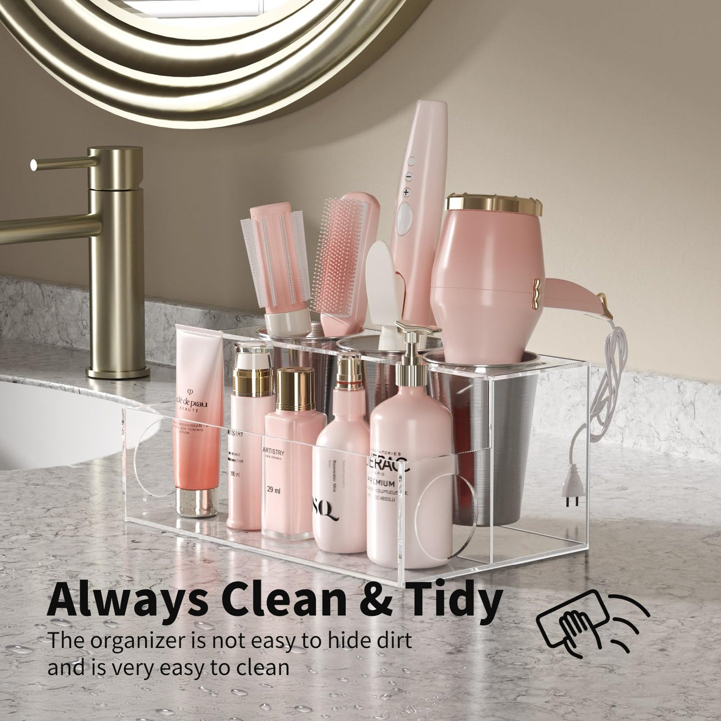 NIUBEE Hair Tool Organizer, Clear Acrylic Hair Dryer and Styling Organizer, Bathroom Countertop Blow Dryer Holder, Vanity Caddy Storage Stand for Accessories, Makeup, Toiletries