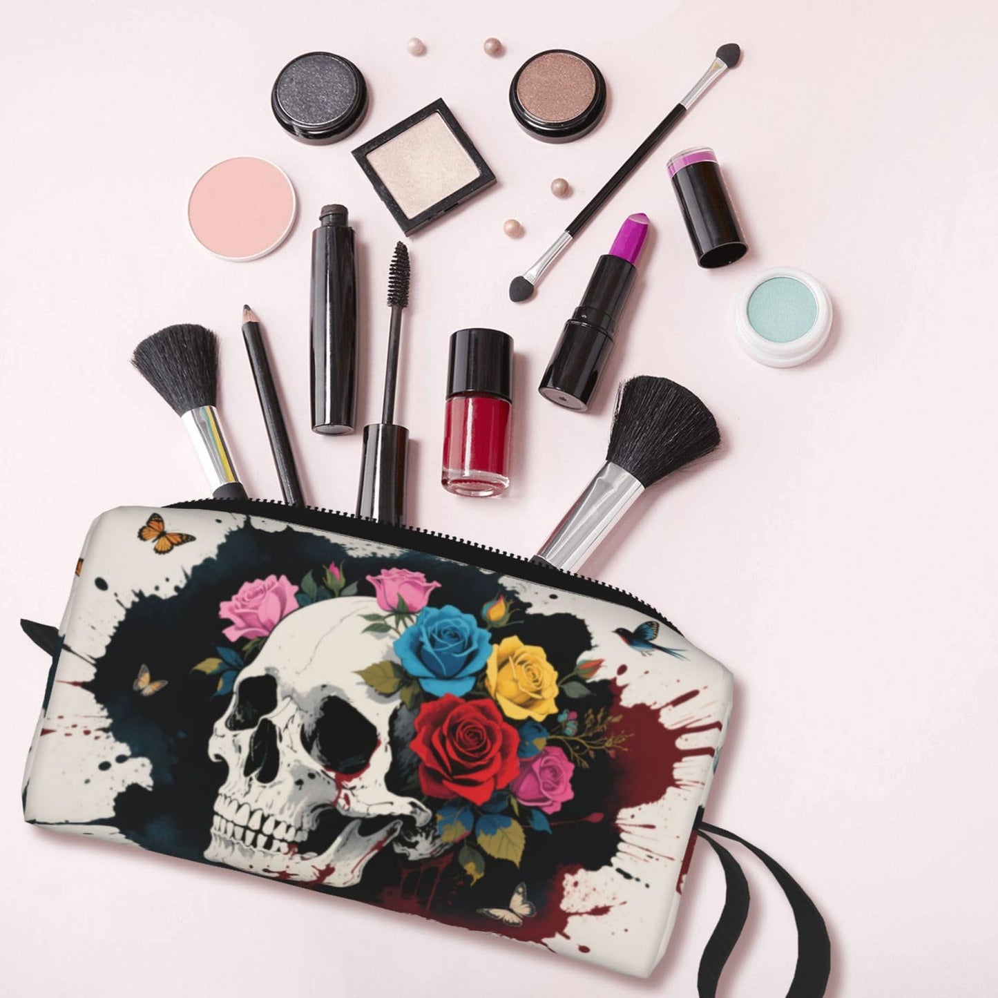 OLUSENMO Bold Skull & Roses Makeup Bag Small Compact & Durable Travel Cosmetic Bag Organizer Oxford Fabric Impact-Resistant Multi-Purpose Storage Perfect for Travel, Gym, Daily Use