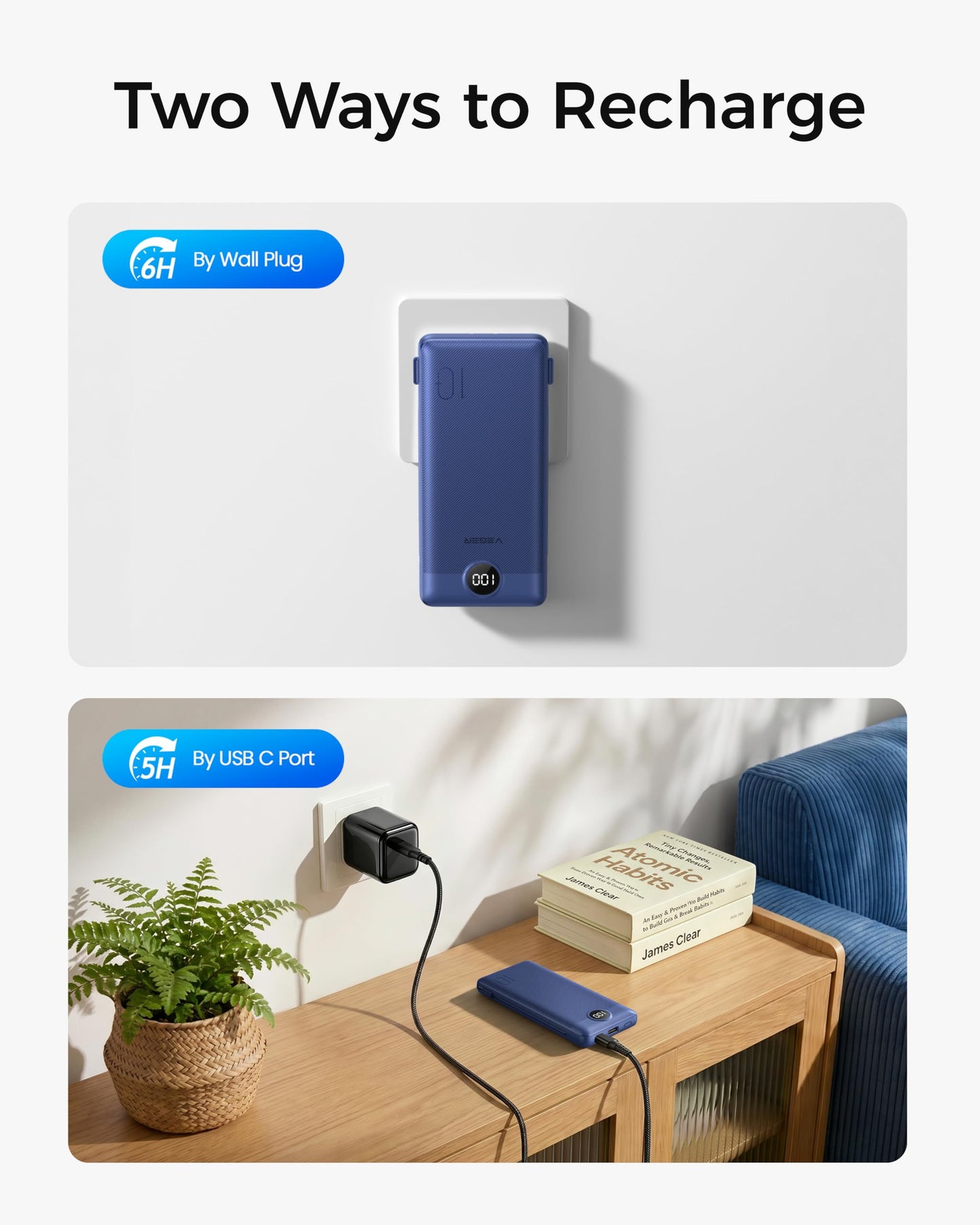VEGER Portable Charger with Built-in AC Plug and Cables, All in One 10000mAh Ultra Slim Power Bank Emergency Fast Charging for Travel Battery Pack Compatible with iPhone, Samsung, Android, Navy
