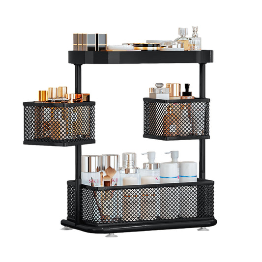 Dazioter 3-Tier Rotating Bathroom Organizer 360° Cosmetic Holder with Anti-Slip Base for Countertop, Vanity, Kitchen Spice Rack Metal Storage Shelf (Black)