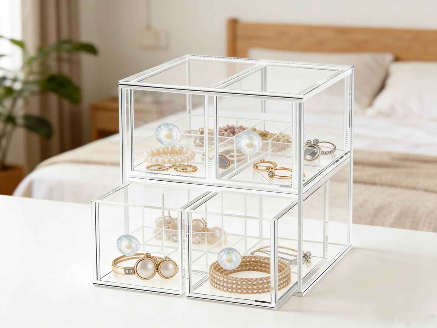 HESIN Clear Acrylic Makeup Organizer with 4 Drawer Trays, Cosmetic Storage for Bedroom, Bathroom, Countertop, Dresser (Medium, 4)