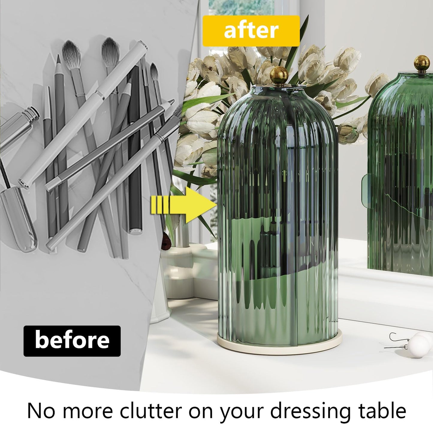 Emljkvp Makeup Brush Holder with Dustproof Cover 360 Rotating Makeup Brush Organizer for Vanity Bathroom, Green