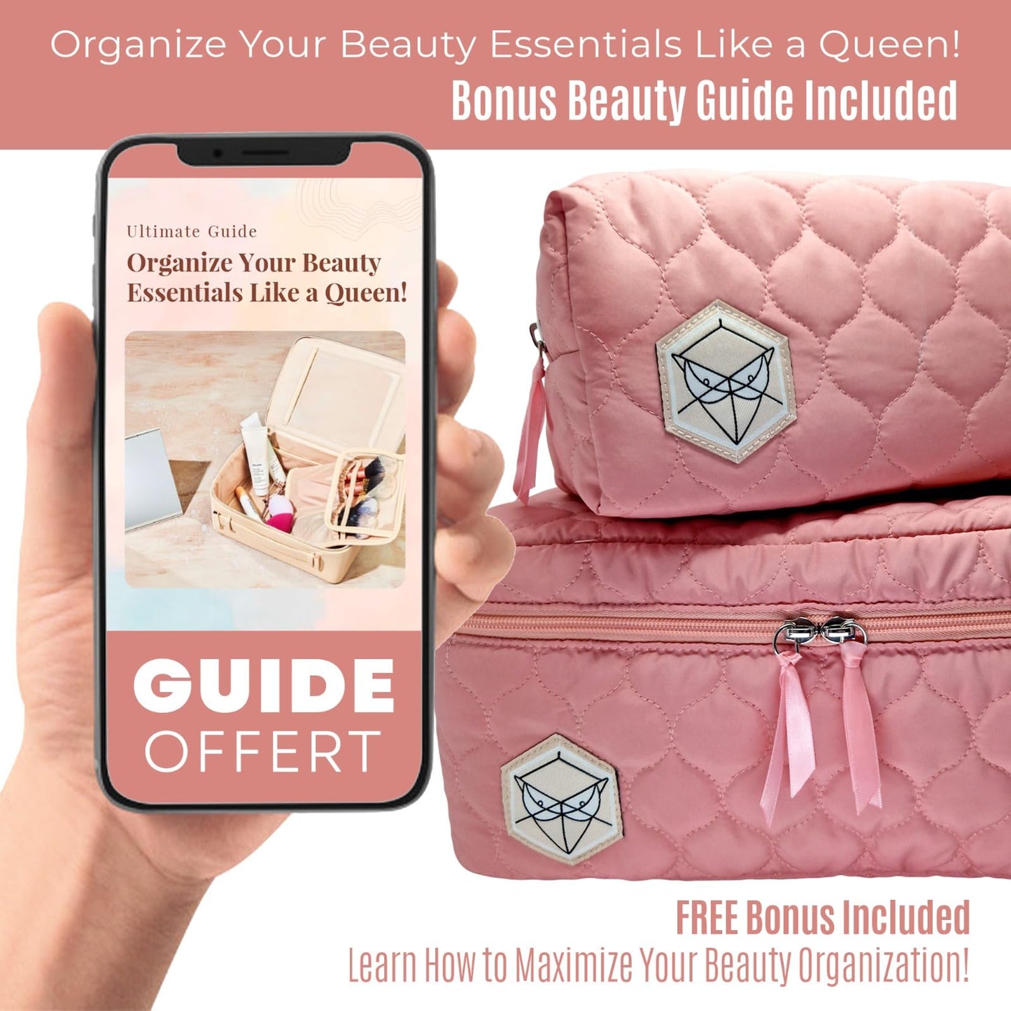 PINK PROTECT XL Quilted Makeup Bag Set of 2 - Extra Large Makeup Bag + Toiletry Bag for Women, Waterproof & Lightweight Cotton with Multiple Compartments, Perfect for Travel, Premium Stitching (Pink)
