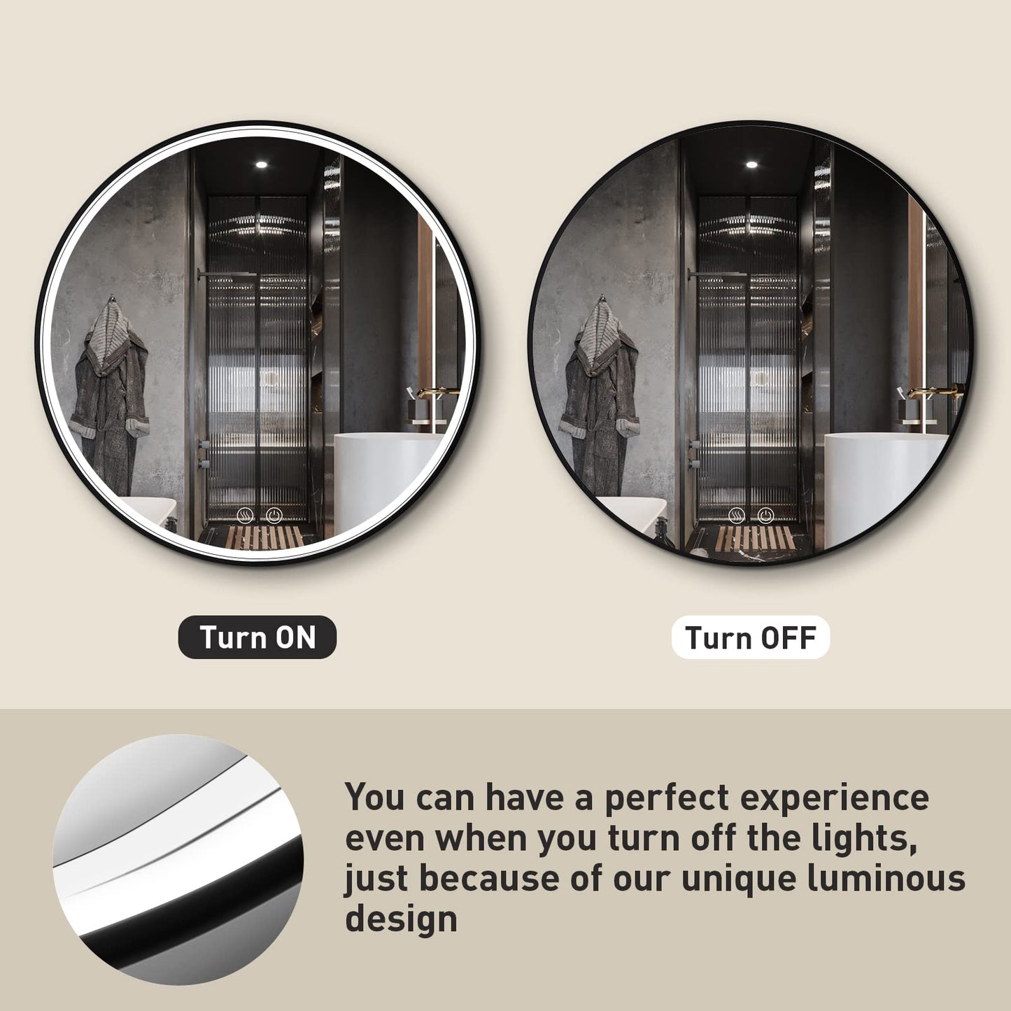 FTOTI 36" Round LED Bathroom Mirror, Dimmable Anti-Fog Vanity Mirror with Touch Control, 6000K Natural Light, Black Metal Frame, Wall Mounted for Makeup Shaving (IP54, 90+ CRI)
