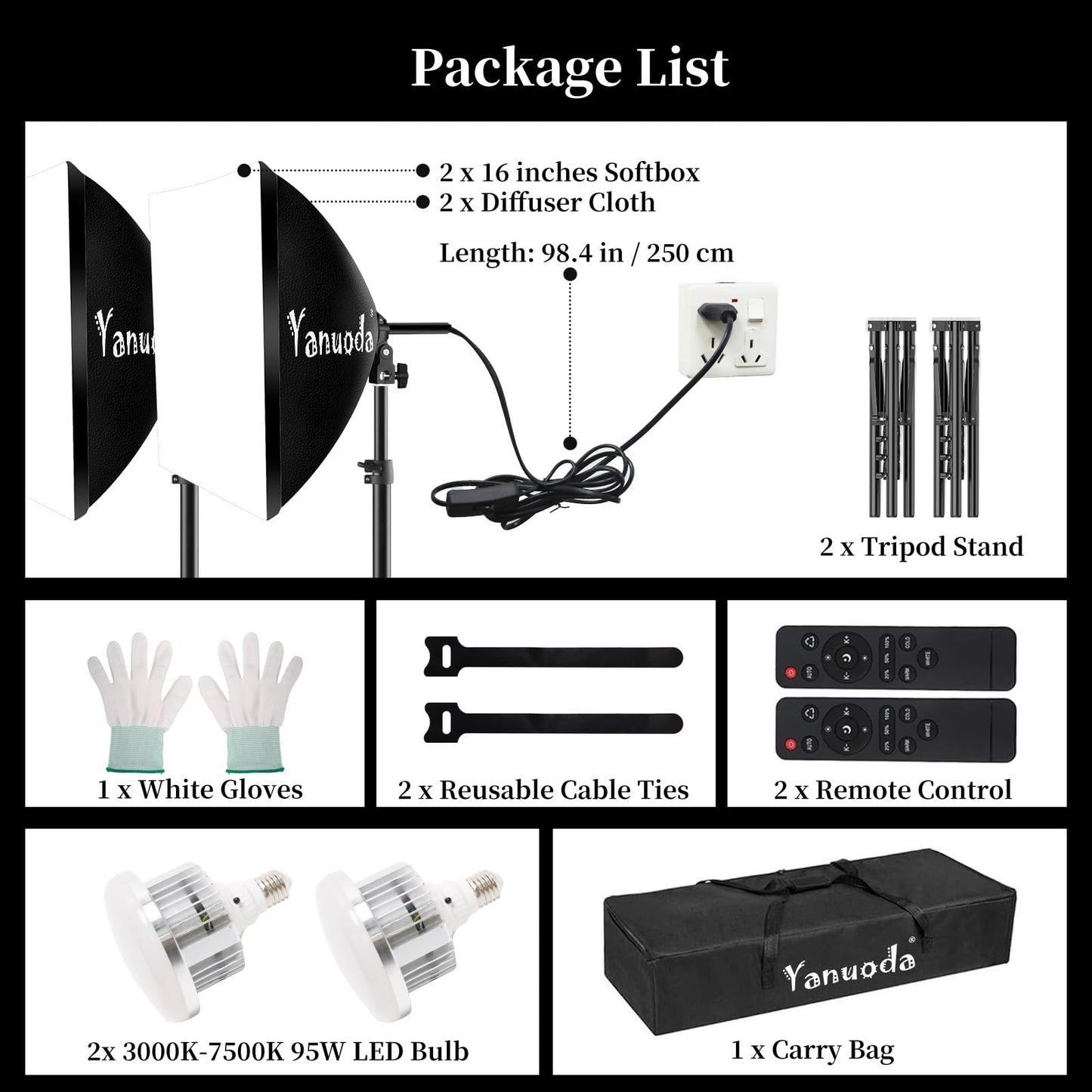 16x16'' Softbox Lighting Kit 2 Pack with 95W LED Bulbs, Remote Control, CRI97 Studio Lights for Photography Video Recording YouTube TikTok Zoom Streaming