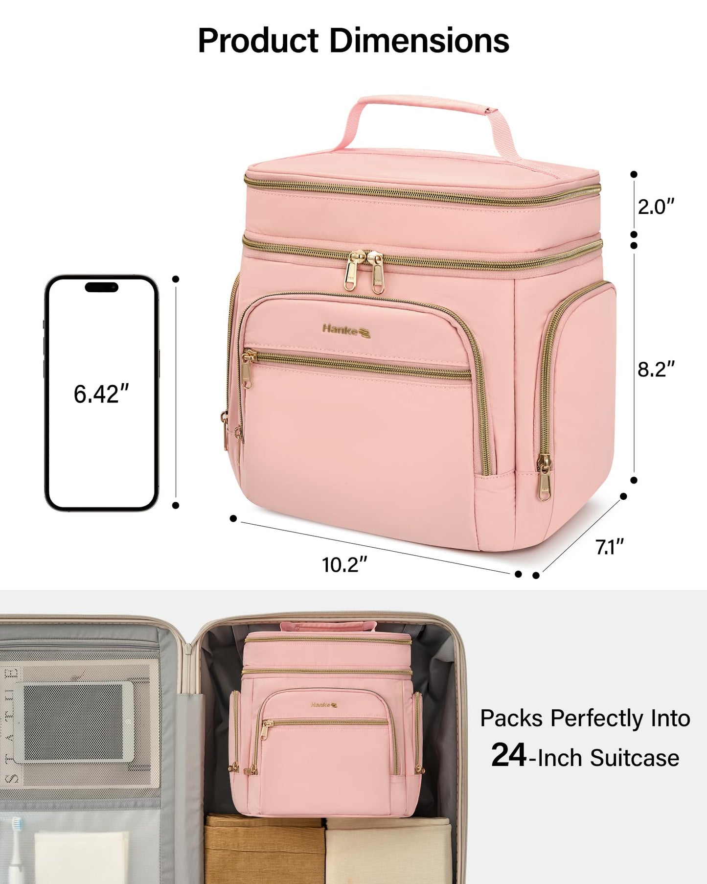 Hanke Large Toiletry Bag for Women Travel, Double Layer Organizer with Wide Opening for Full-Size Cosmetics & Toiletries, 12.2L Water-Resistant Makeup Bag,Pink