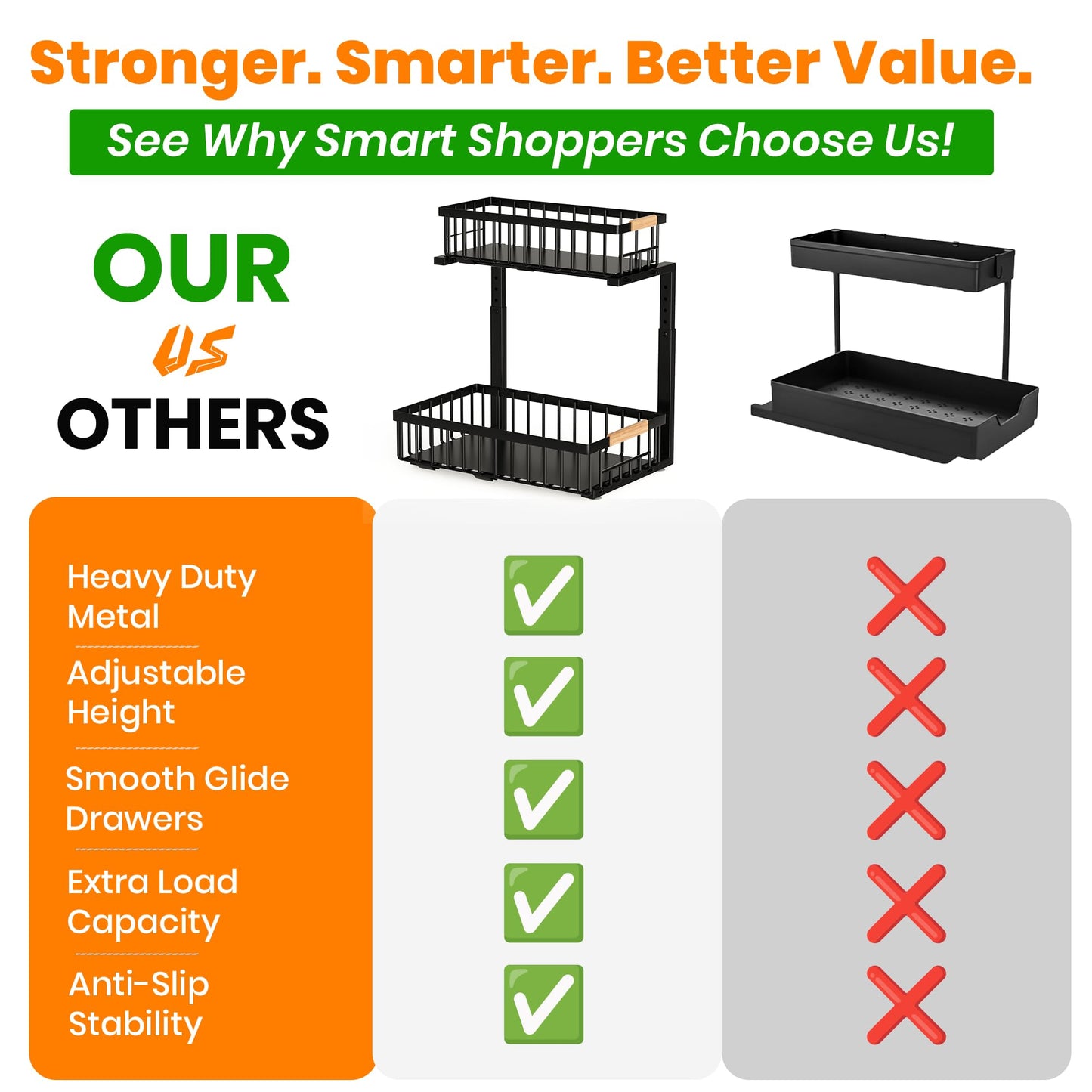 HOMVIA Under Sink Organizer, 2-Tier Pull-Out Cabinet Organizer – Adjustable Height, Left or Right Install – Smooth Slide-Out Drawers, Heavy-Duty Metal Rack for Kitchen & Bathroom, 1 Pack