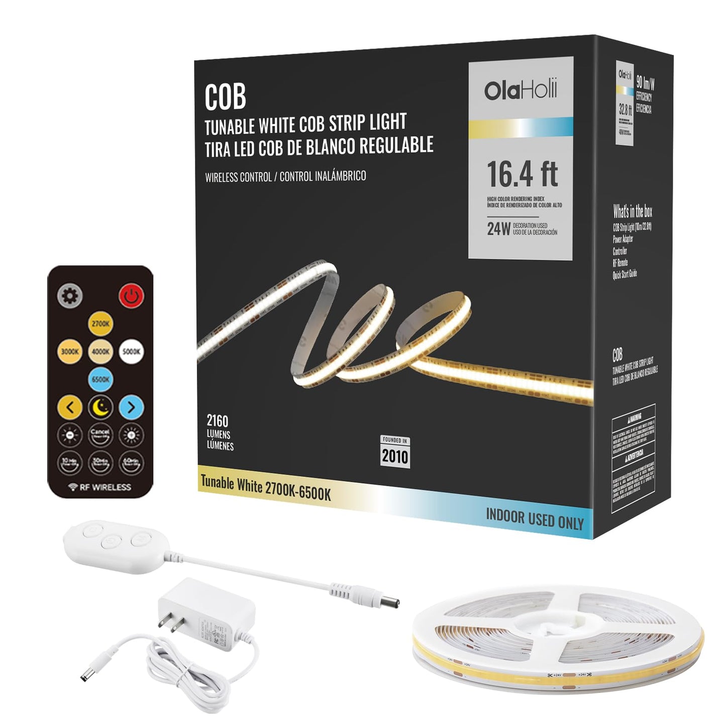 Olaholii 16.4ft Tunable White 2700K-6500K COB LED Strip Light with Remote, Dimmable Bright Led COB Light Strip, White CCT Adhesive Led Light for Kitchen Cabinet, Room
