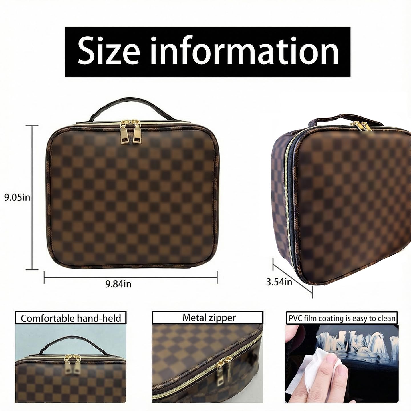 WANNES Brown Checkered Makeup Bag Organizer Travel Cosmetic Case with Brush Storage | Large Capacity Makeup & Skin Care Organizer with Adjustable Dividers | Stylish PU Leather Designer Vanity Bag