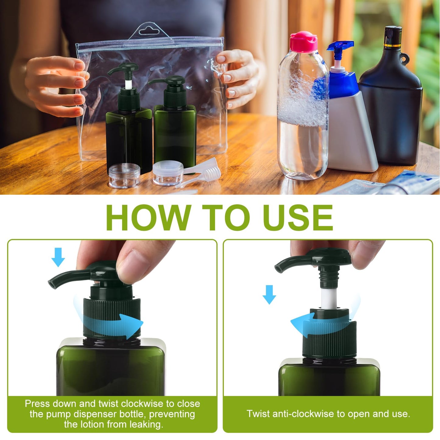 Domensi 24 Pcs 100ml /3.4 oz Pump Bottle Mini Travel Bottles Small Dispenser Containers Plastic Pump Lotion Dispenser Empty Square Travel Size Containers Toiletries (Dark Green)