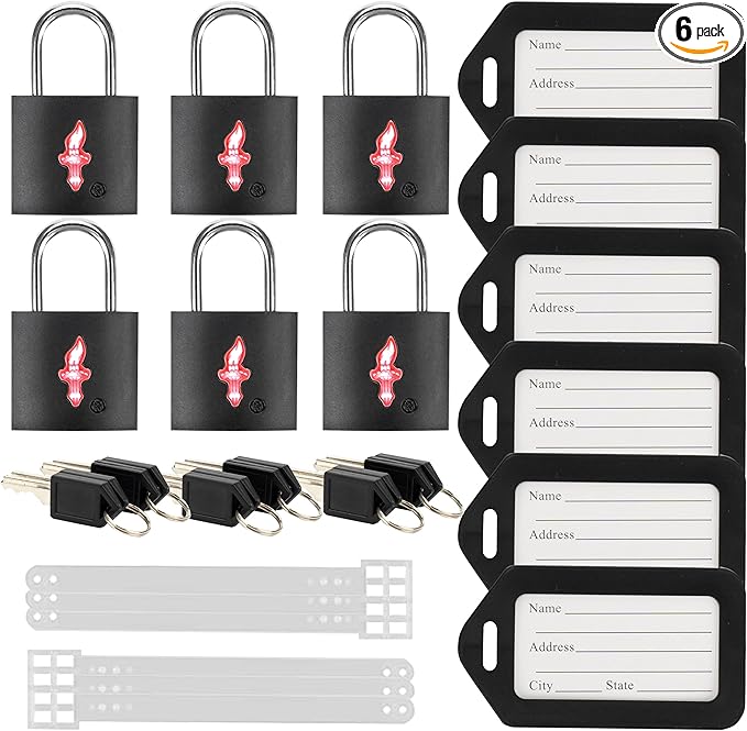 6 Pack Black TSA Luggage Locks with Key+6 Pack Travel tag, Luggage Lock TSA Approved for Backpacks, Bags and Luggage, 6 Pack Black Lock+6 Pack tag