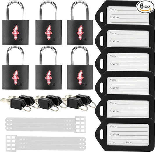 6 Pack Black TSA Luggage Locks with Key+6 Pack Travel tag, Luggage Lock TSA Approved for Backpacks, Bags and Luggage, 6 Pack Black Lock+6 Pack tag