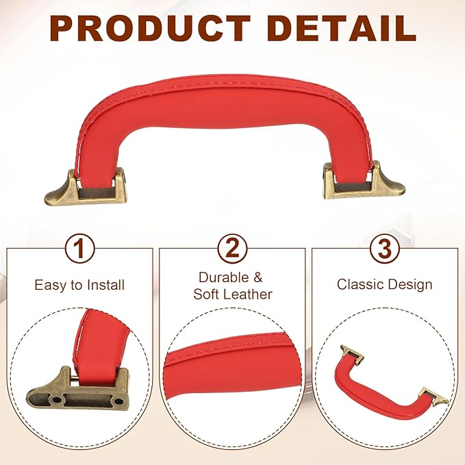 uxcell PU Leather Luggage Handle, 0.9" Hole Distance Vintage U-Shape Replacement Strap Handle for Travel Handbag Guitar Musical Box Gift Boxes, Red/Bronze