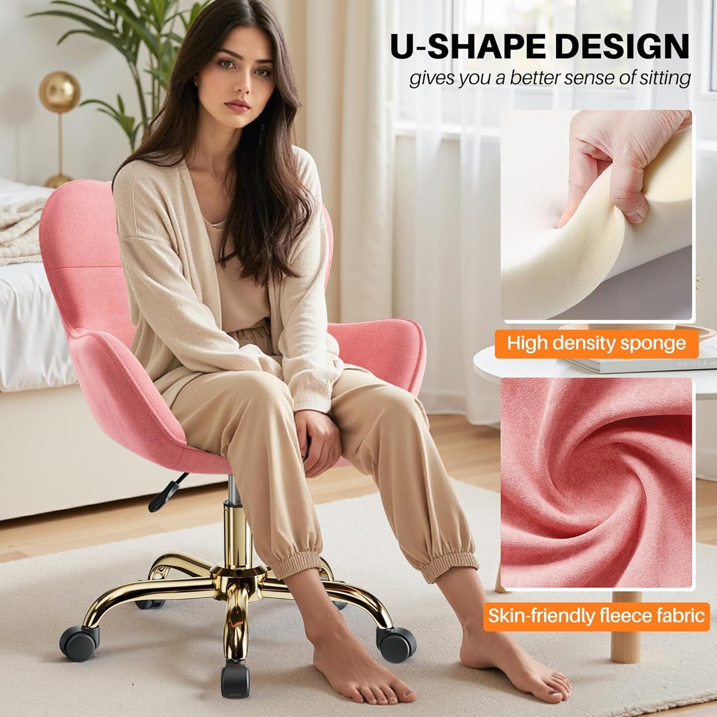BestEra Vanity Chair with Wheels, Cute Home Office Desk Chairs Adjustable Height for Living Bedroom, Small Modern Fluffy Velvet Makeup Chair with Back for Girls (Pink)