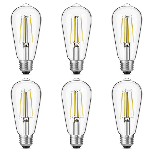 Gozelux Vintage LED Edison Bulbs, 6W, Equivalent 60W, High Brightness Daylight 5000K, ST58 Antique LED Filament Bulbs with 90+ CRI, E26 Medium Base, Dimmable, Clear Glass, Pack of 6