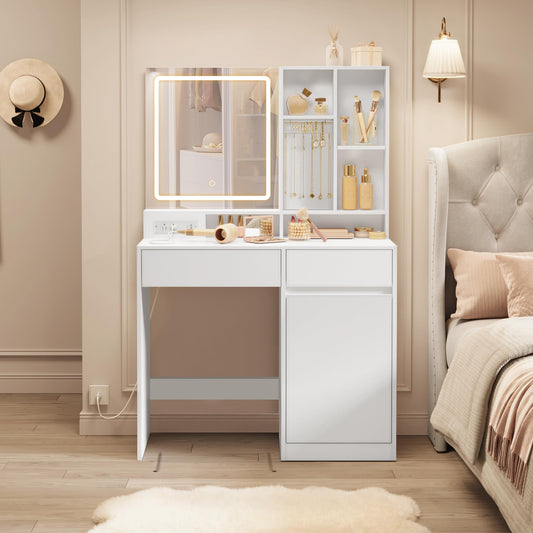 VASAGLE KAILYN Collection - 35.4-Inch Vanity Desk with Mirror and Lights, Power Outlets, Modern Vanity Table, Jewelry Storage, Adjustable Shelves, for Bedroom, Cloud White URDT132WB03S