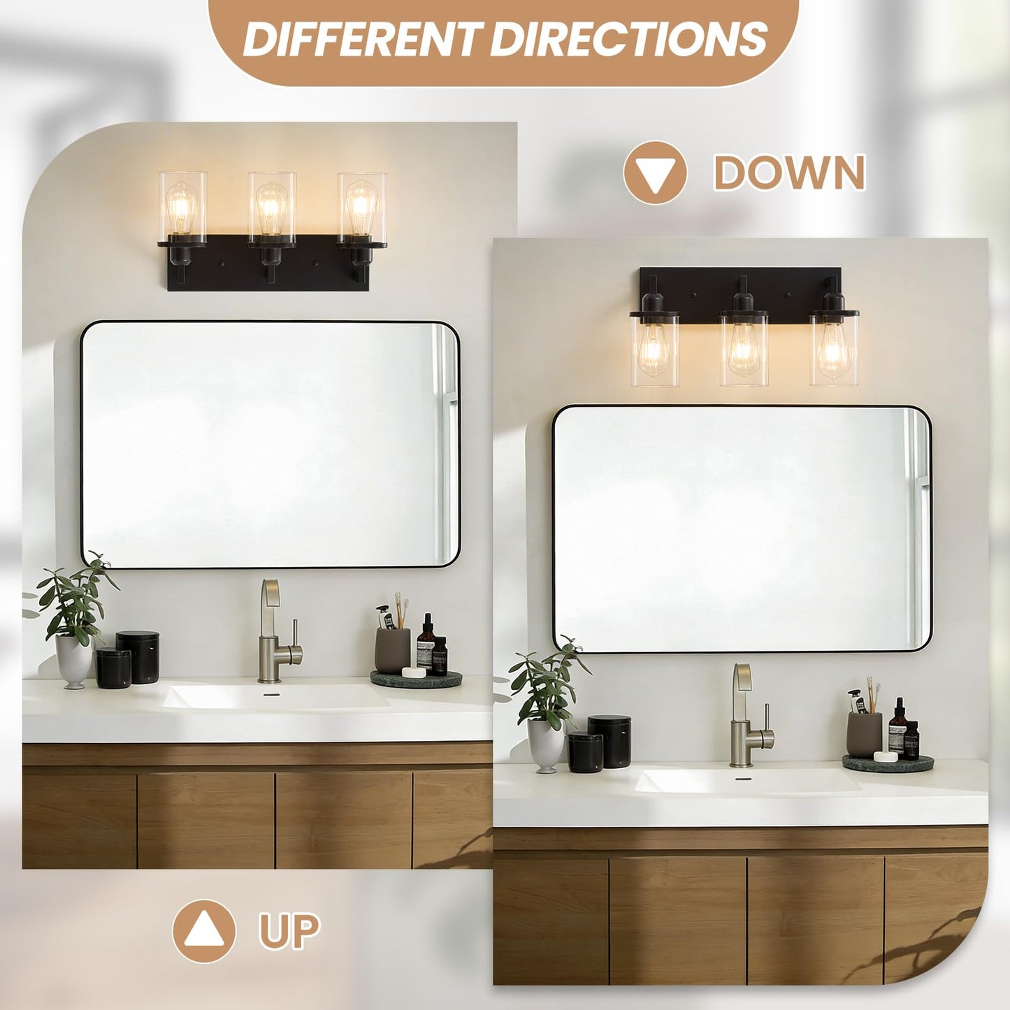 Ablwigh 3-Light Bathroom Vanity Light Fixtures, Modern Matte Black Bathroom Lighting Fixtures Over Mirror with Square Clear Glass Shades, Bath Wall Sconce Lights for Dressing Table, Bedroom, Hallway
