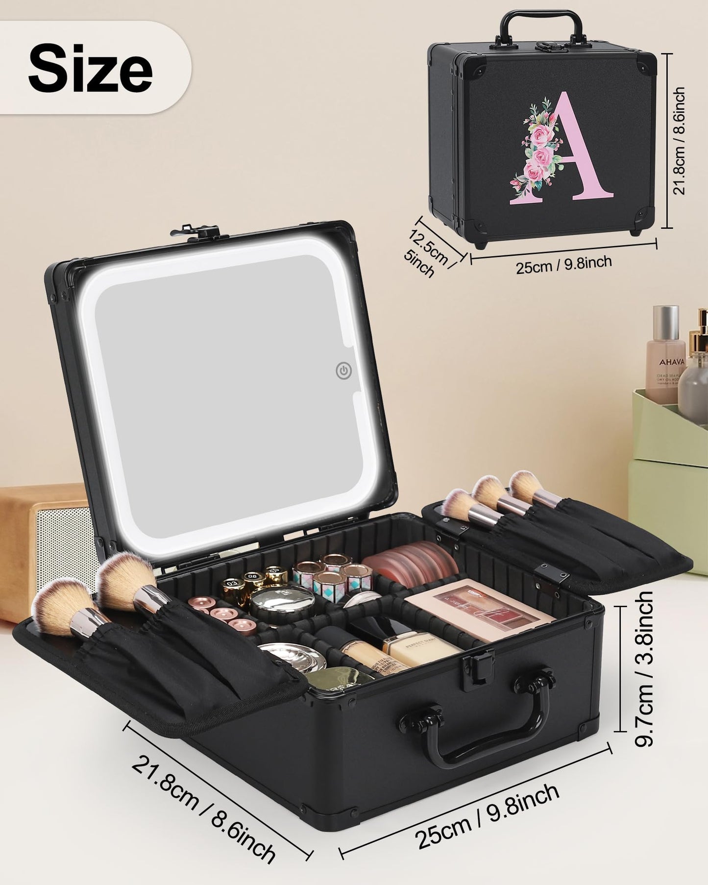 Relavel Birthday Gifts for Women Teen Girls, Initial Makeup Bag with LED Mirror Personalized Cosmetic Bag Travel Organizer Train Case, Teacher Graduation Gift Teen Girl Gifts Trendy Stuff, Black N