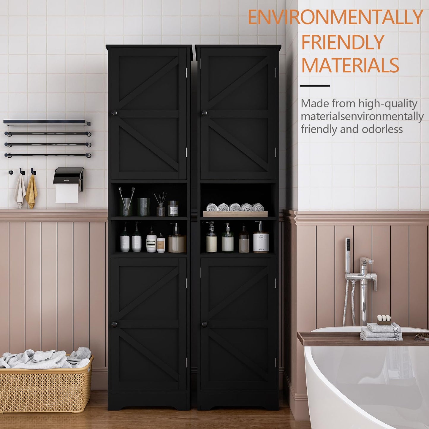 Viaozutis Tall Bathroom Storage Cabinet, Slim Freestanding Cabinet with Adjustable Shelves, Vertical Storage Organizer for Small Bathrooms, Toilet Paper & Daily Essentials Storage Black