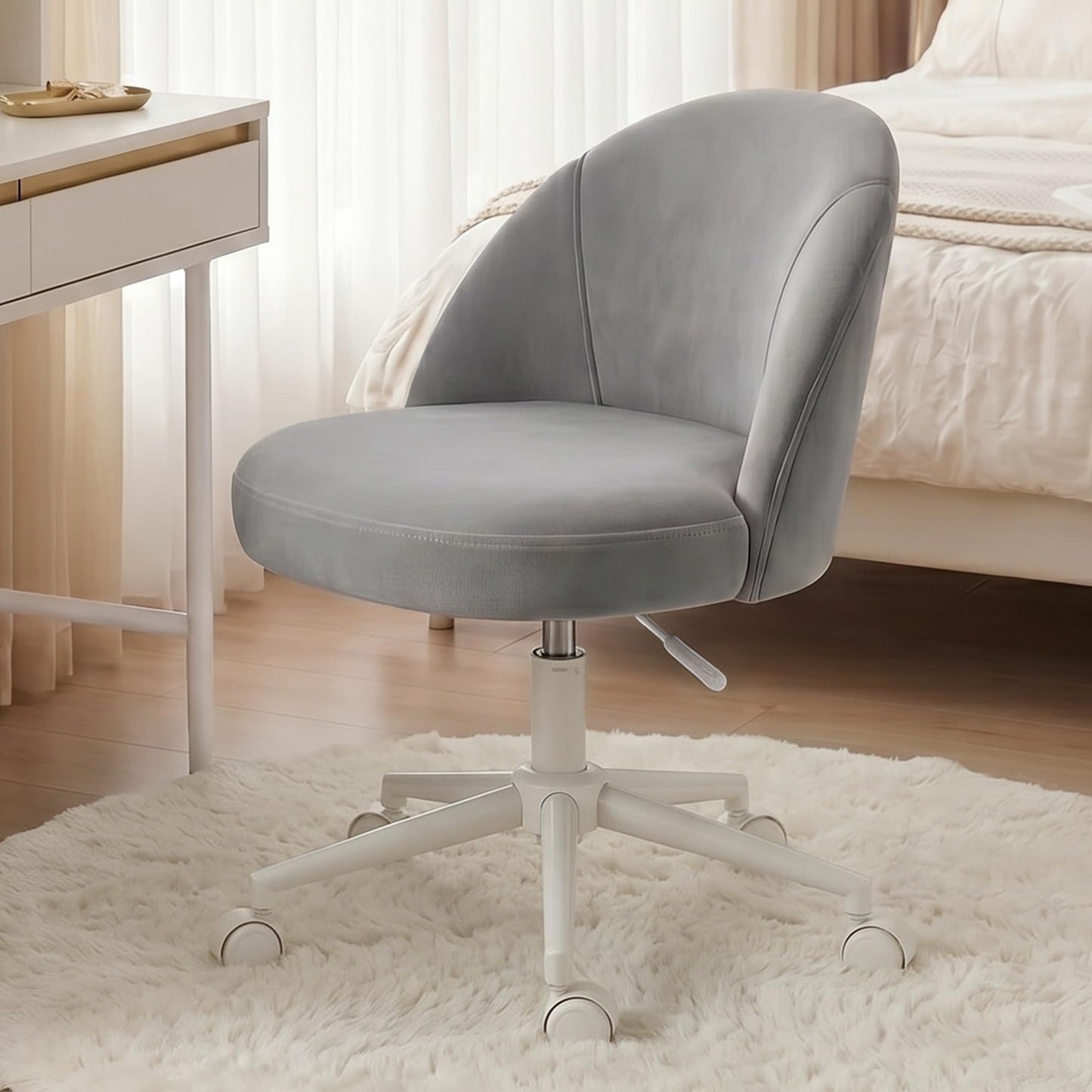 EnHomee Velvet Vanity Chair with Wheels, Ergonomic Desk Chair with Height Adjustable, Armless Makeup Chair for Home Office, Bedroom, Dorm, Muted Grey