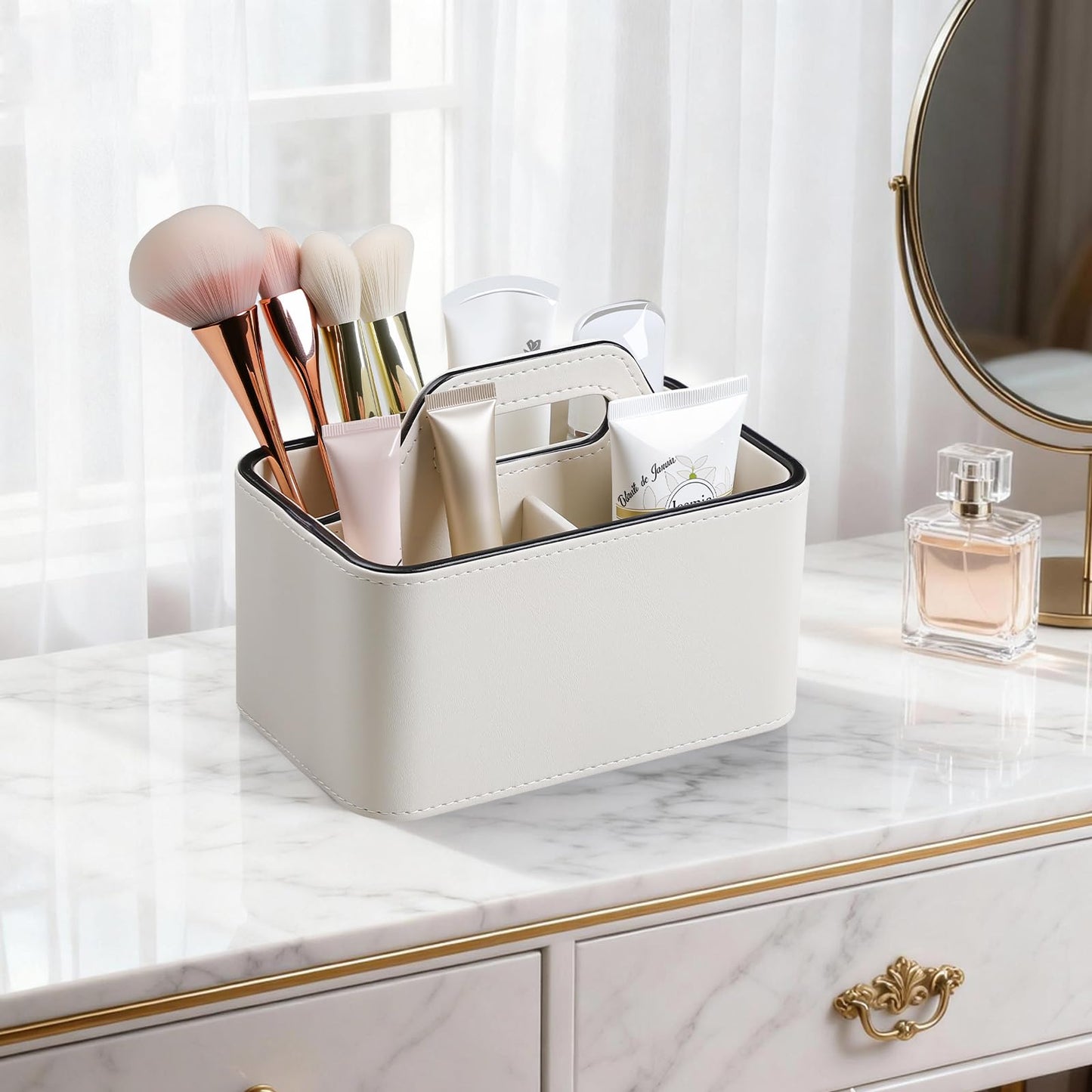 NICLNGSH Caddy Organizer with Handle, PU Leather Remote Control Holder Desk Caddy, Portable Makeup Remote Organizer for Table, Nightstand, Office (Cream)