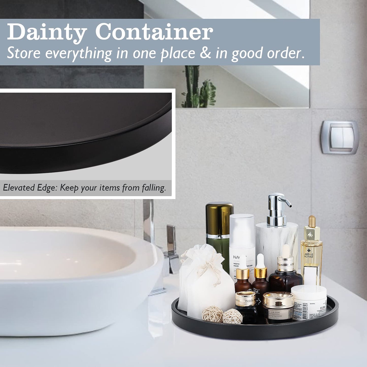 Emibele Vanity Tray, Resin Round Tray Decorative Storage Organizer for Bathroom Toilet Tank Bedroom Kitchen Countertop, Jewelry Storage Dresser Tray for Candle,Lotion Bottle,Cosmetics, Matte Black
