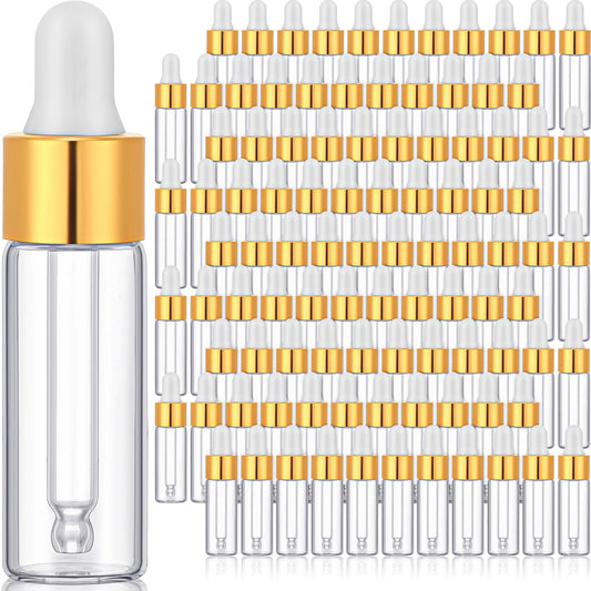 Bokon 100 Pcs Glass Dropping Bottles Mini Essential Oil Dropper Bottles Empty Sample Vials with Black Cap Tiny Storage Jars with Dropper for Perfumes Cosmetic Liquid Aromatherapy Lab (Clear, 5 ml)