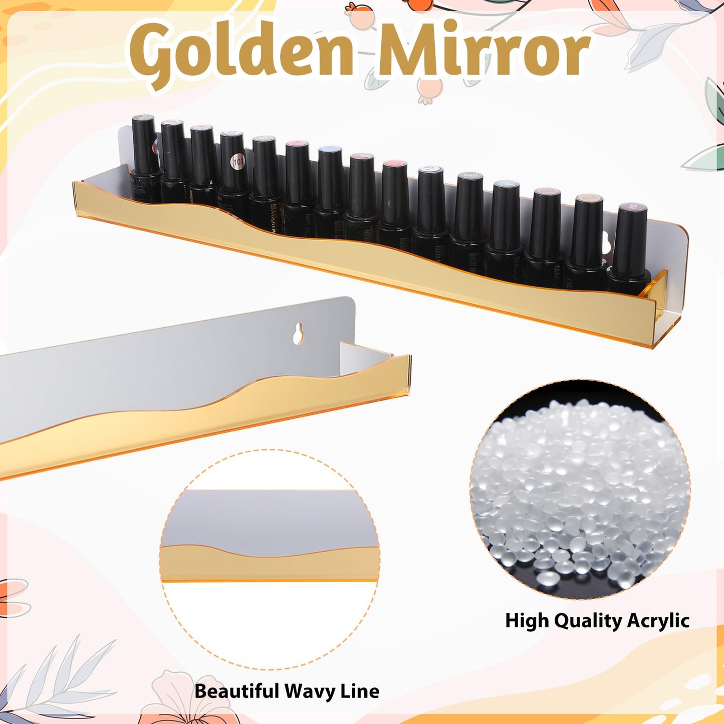 KongTiva 6 Pack Wall Mounted Nail Polish Organizer Rack, 15 Inch Gold Mirror Nail Polish Shelf with Stopper Multi-Purpose Shelf for Essential Oils Cosmetics Storage Display Rack for Salon Bathroom