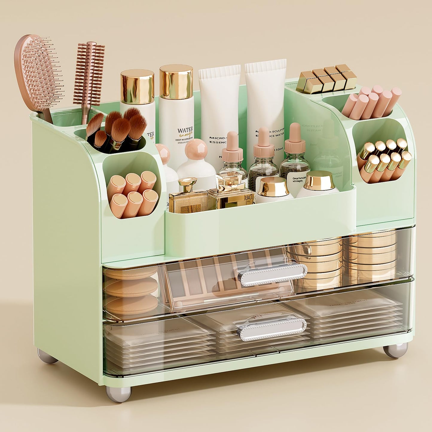 UFORU Makeup Organizer for Vanity with 2 Large Drawers, Cosmetic Display Case with Brush Holders, Easy to Storage for Bathroom Countertop Skincare, Perfume, Green