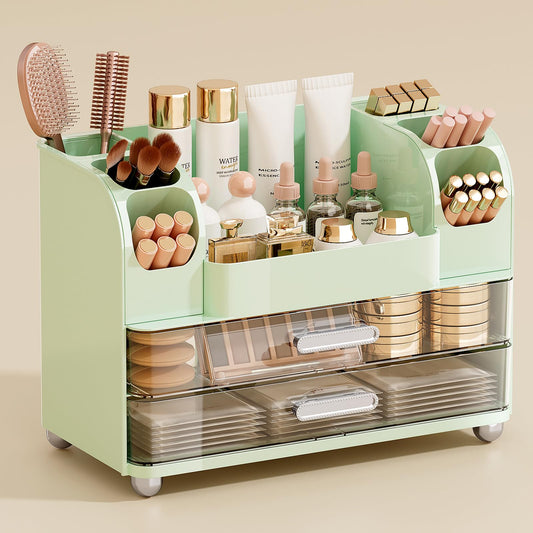 UFORU Makeup Organizer for Vanity with 2 Large Drawers, Cosmetic Display Case with Brush Holders, Easy to Storage for Bathroom Countertop Skincare, Perfume, Green
