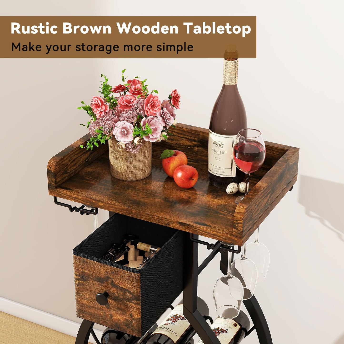IBUYKE Wine Rack Freestanding Floor,Wine Storage 15 Bottles Bottle Rack with Glass Holders, Mini Bar Wine Cabinet with Storage Drawer for Home Bar Kitchen Dining Room,Rustic Brown,UTMJ908H