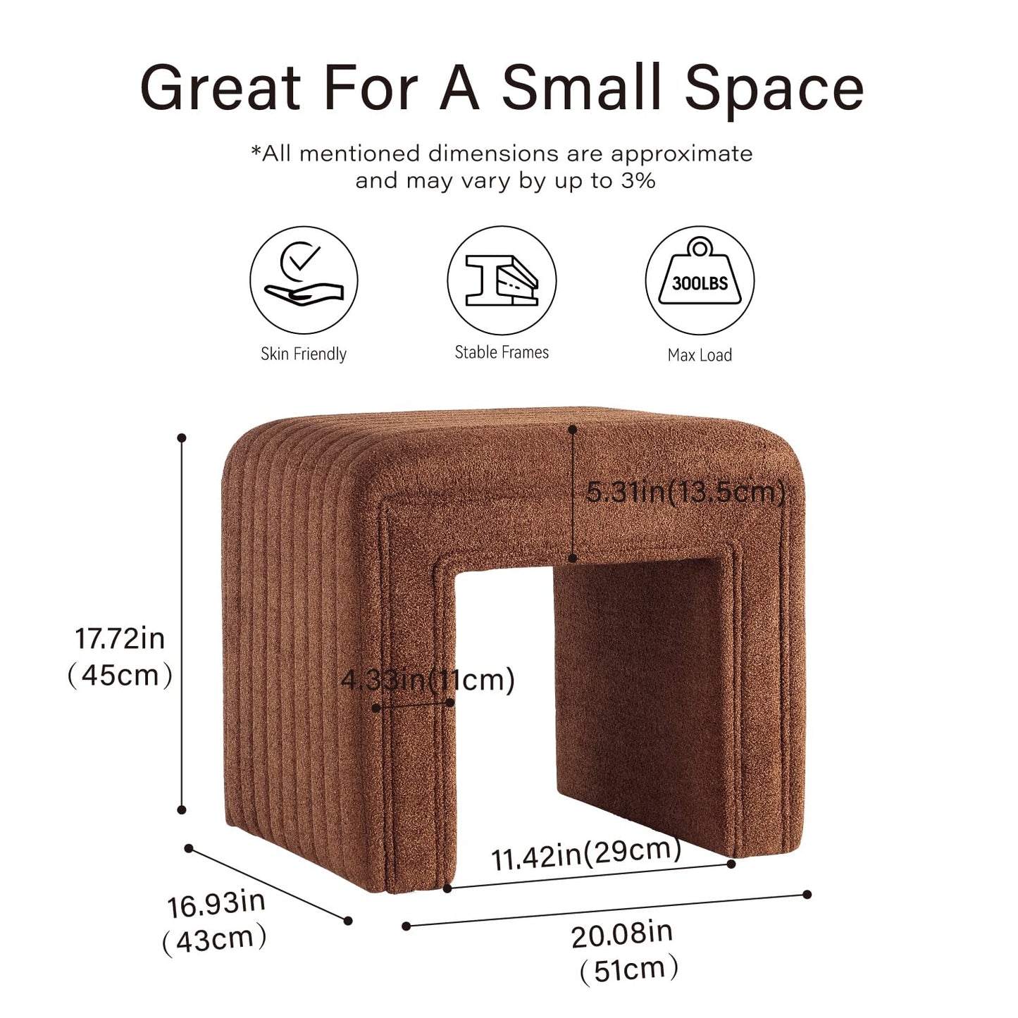 Get Set Style Vanity Stool Chair,Modern Boucle Ottoman Foot Stool with Wooden Legs Sofa Bench Footstool Extra Seat for Vanity,Makeup Room,Living Room,Entryway,Office (Fully Assembled) (Brown)