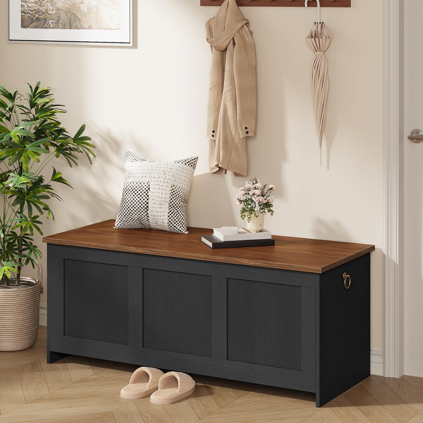 HOOBRO Storage Bench, 43.3" Retro Wooden Storage Chest, Wooden Storage Trunk, Toy Chest with Lift Top, Multifunctional Entryway Organizer, for Entryway, Living Room, Black and Walnut BH411CW01