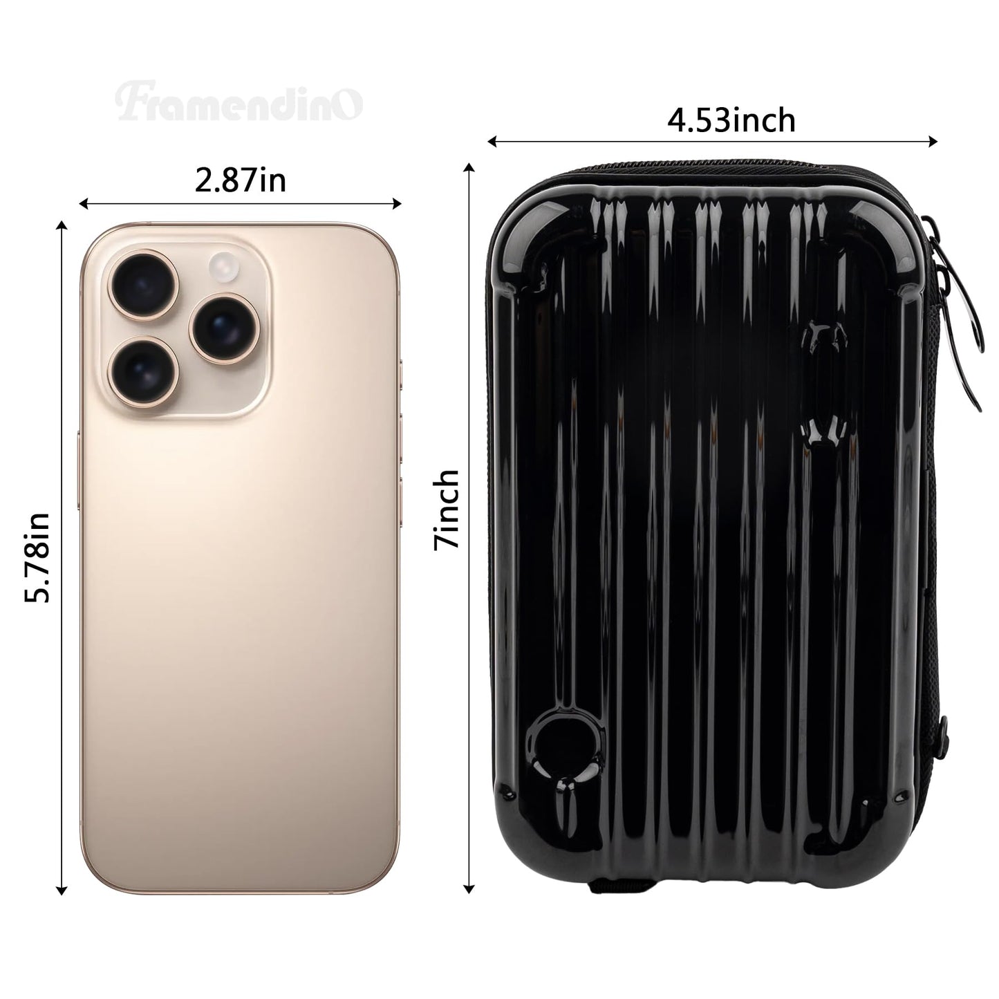 Framendino, Black Hard Shell Cosmetics Case Carrying Bag for Toiletry, Mini Cross Body Suitcase with Detachable Grip Rope and Shoulder Strap Women Travel