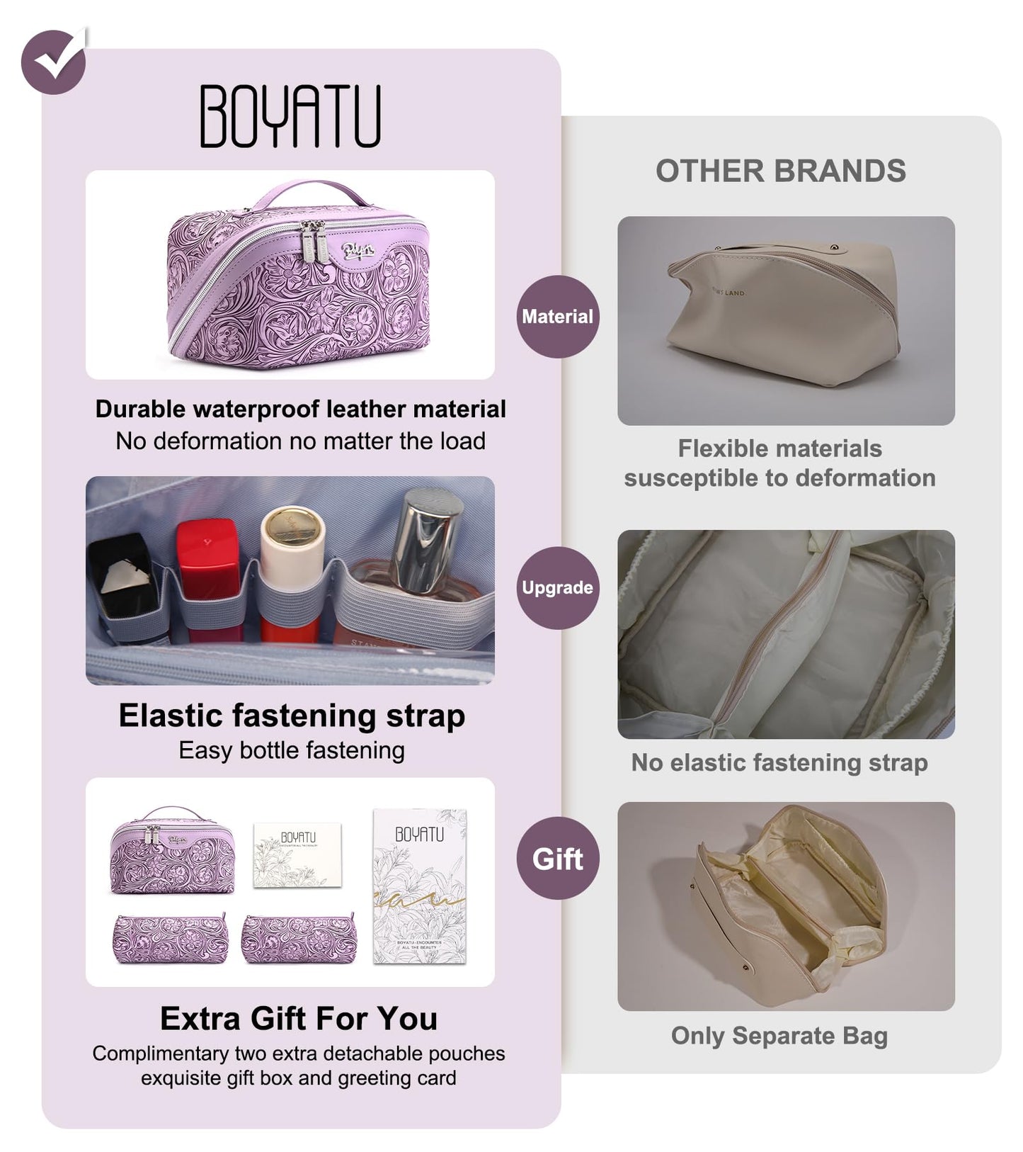 BOYATU Travel Makeup Bags Cosmetic Organizer Bag: 3 Pcs Set Large Capacity Floral Make up Bag with Compartments - Waterproof Leather Toiletry Bags with Handle for Women (21-Purple)