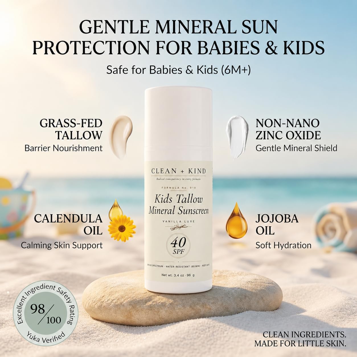 Clean + Kind Kids Sunscreen Mineral SPF 40 Twin Pack — Non Toxic Baby & Toddler Sunblock Bundle with Non-Nano Zinc Oxide, Grass-Fed Tallow, Natural Reef-Safe Sun Lotion, No White Cast (Two 3.4 oz)