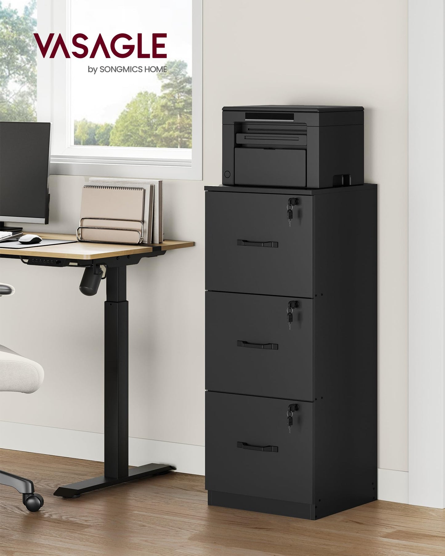 VASAGLE CUSTOS Collection - File Cabinet, 3 Drawer Filing Cabinet for Home Office, with Wheels, for A4, Letter Sized Documents, Hanging File Folders, Black UOFC055B16
