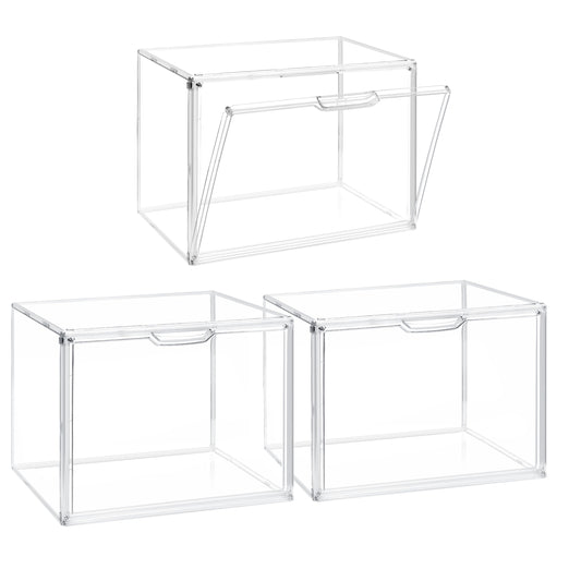 Tallsocne Clear Acrylic Stackable Storage Box with Magnetic Lid - 3 Pack Display Case for Collectibles and Figures Organizer
