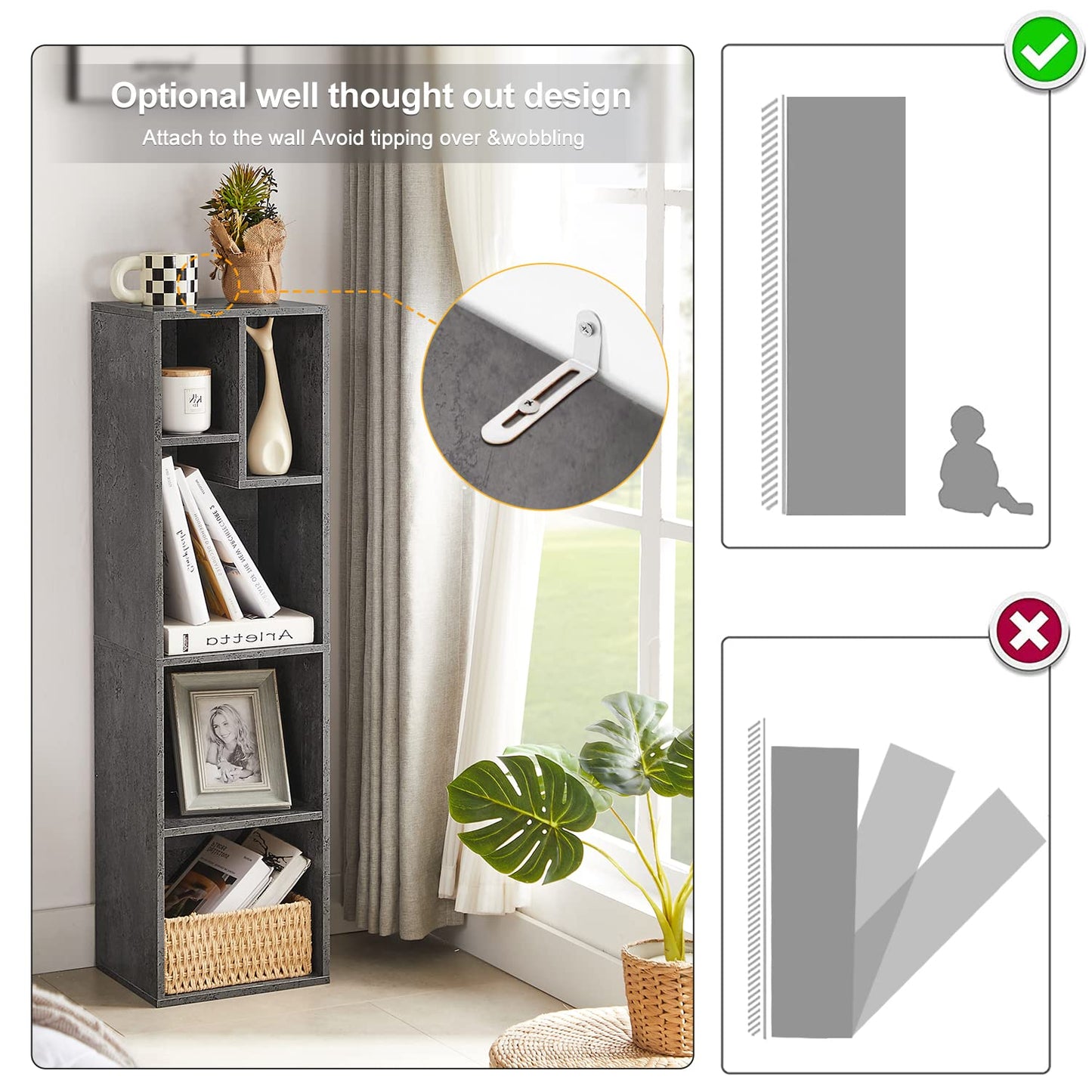 VECELO 4-Tier Bookcase, Modern Storage Cabinet with Height Difference Shelves for Standard Textbooks, 5 Cubes, Vertical or Horizontal, Easy Assembly, Grey