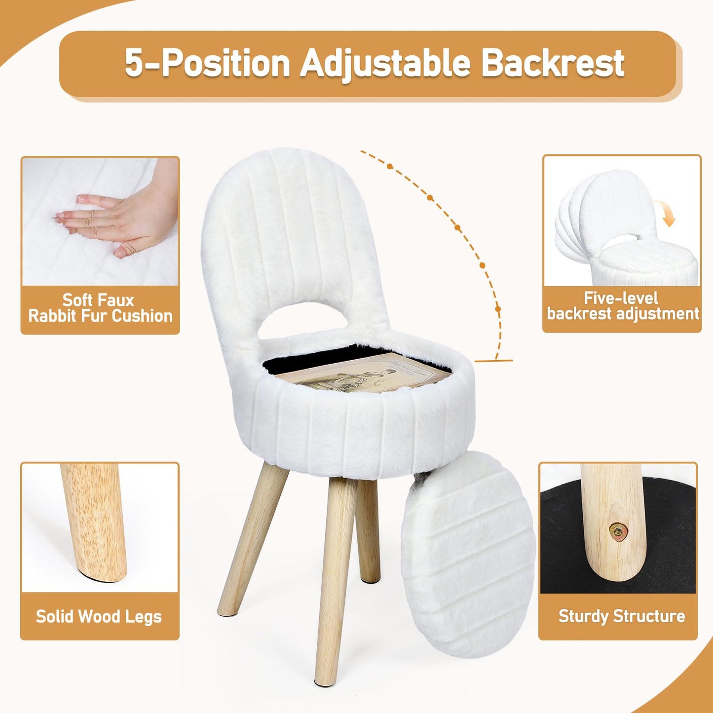 KANEODOT Vanity Stool with Storage & Folding Back,11.8“ D x 12.9” W x 27.9" H Round Faux Fur Cute Vanity Chair with 4 Solid Wood Legs,Comfy Small Makeup Ottoman for Living Room,Bedroom,Closet,White