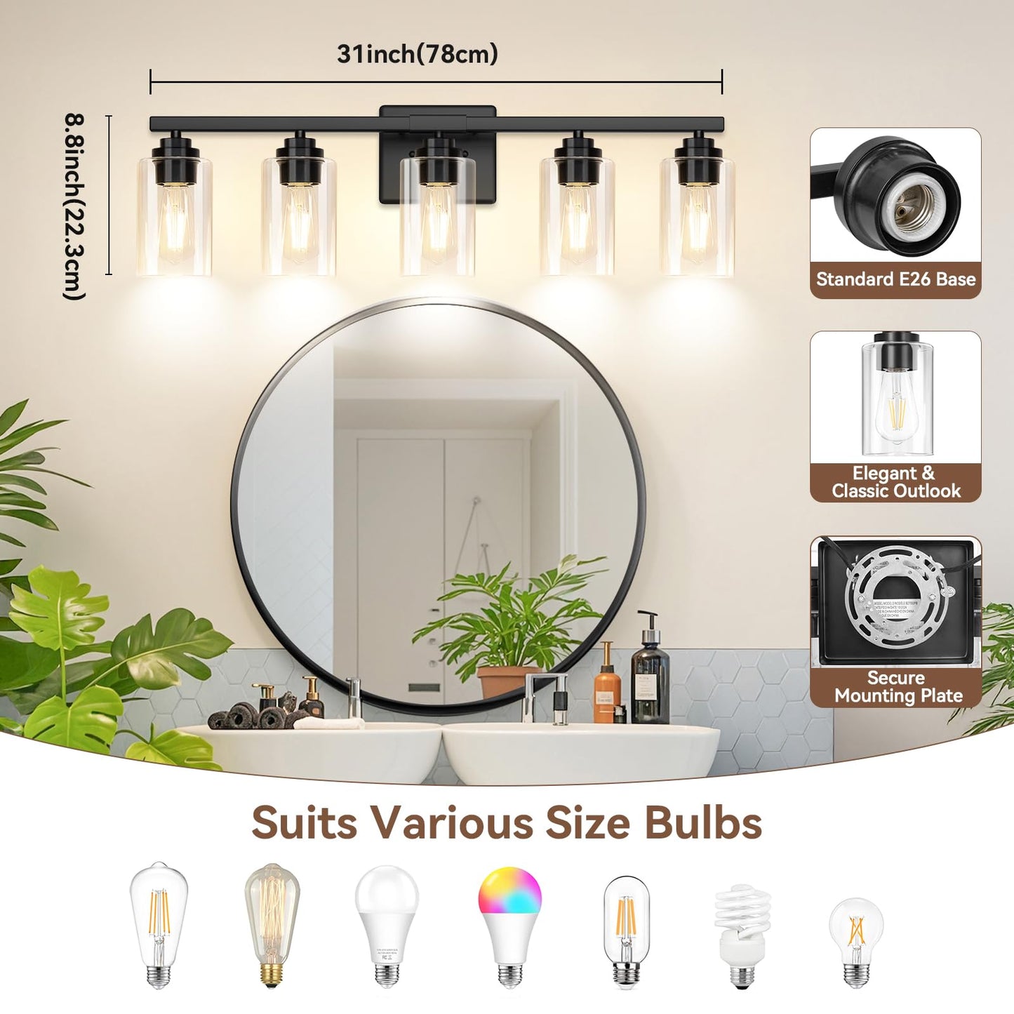 5-Light Matte Black Bathroom Light Fixtures, 31" Modern Vanity Lighting Fixture for Bathroom, Bathroom Vanity Lights Over Mirror with Clear Glass Shades, Wall Lamp for Mirror Living Room Bedroom Porch