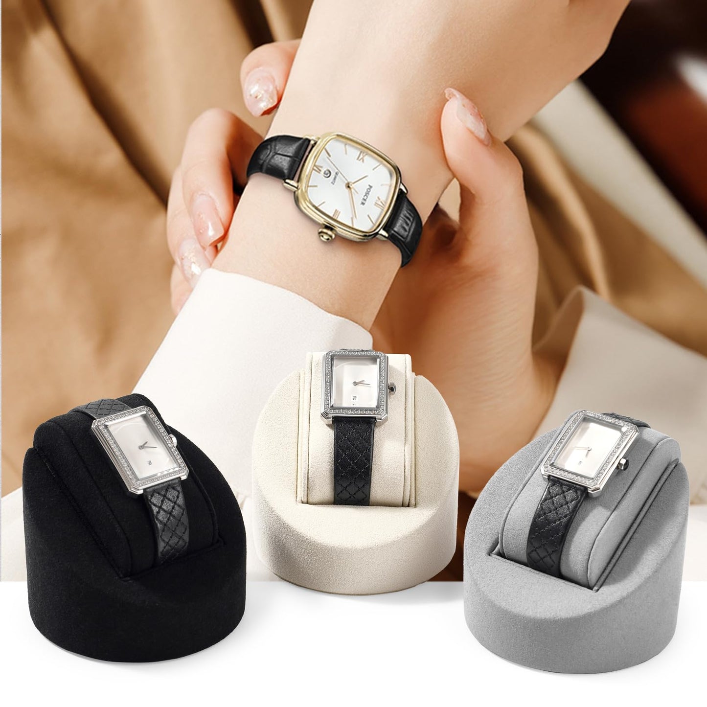 Woodten Microfiber Single Watch Stand Display Jewelry Watch Showcase Display Stand(Beige)