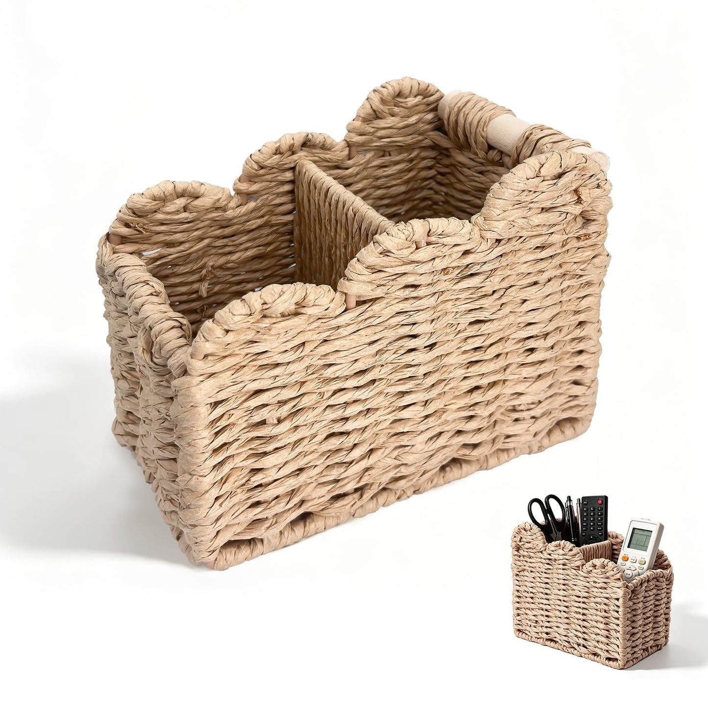 Obantrsz Remote Control Holder, 2-Slot Paper Rope Woven Desk Organizer Caddy with Scalloped Edge – 5.7" x 3.7" x 5.5" Beige Bedside Storage for Pens, Makeup Brushes, Living Room & Office Decor